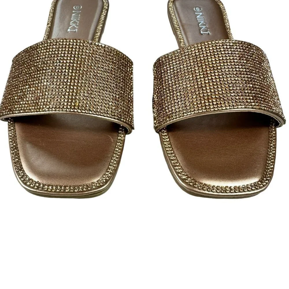 NIkki Women's Rhinestone Slide‎ Sandals Open Toe Flat Slip on Rose Gold Sz 6